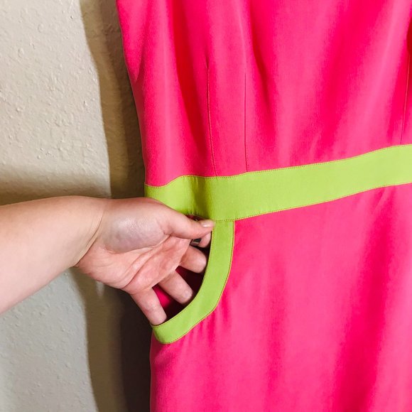 Vintage Michelle Antonelli Pink and Green 100% Silk Scoop neck Sheath Dress - Picture 2 of 10